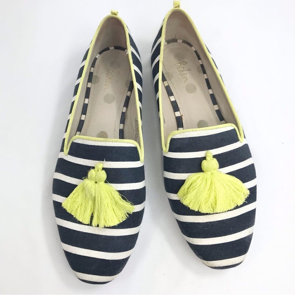 Boden Evelina Navy Blue White Stripe Neon Tassel Slip on Nautical Ballet Flats - Picture 4 of 16
